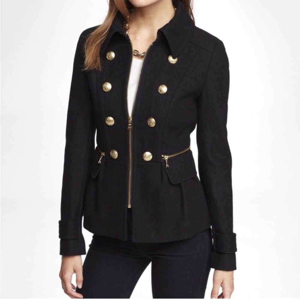 Express Black Pea Coat with Gold Buttons
